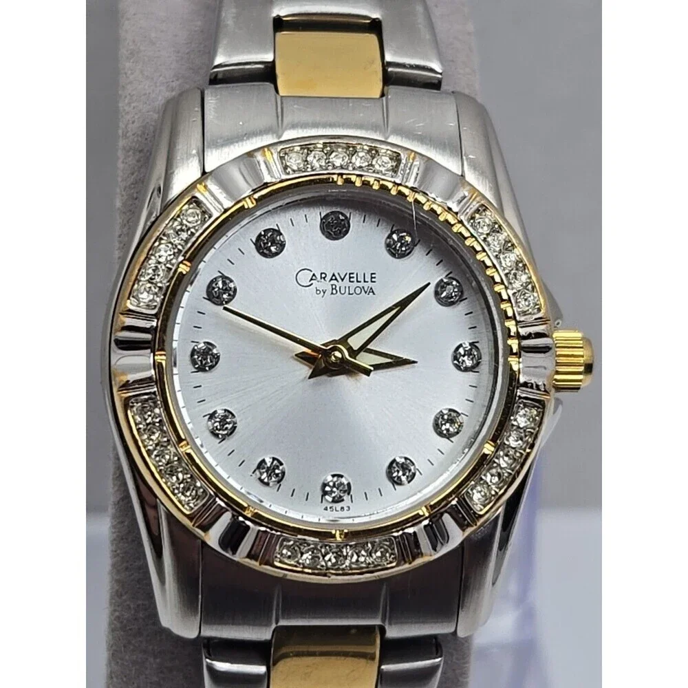 Caravelle by Bulova Gold Silver Two Tone Crystal Petite Dress Watch New Battery